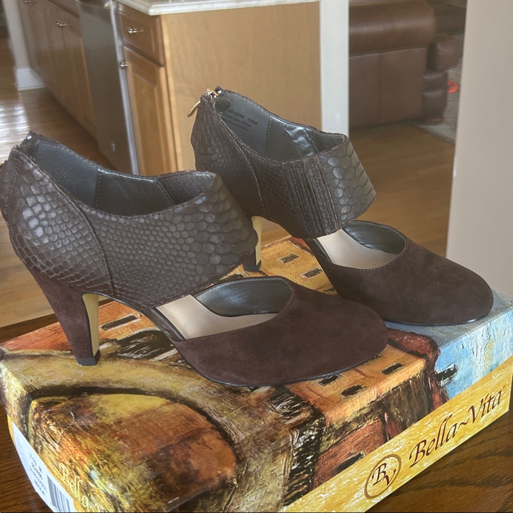 Bella Vita Dark Brown Suede & Textured Ankle Heel